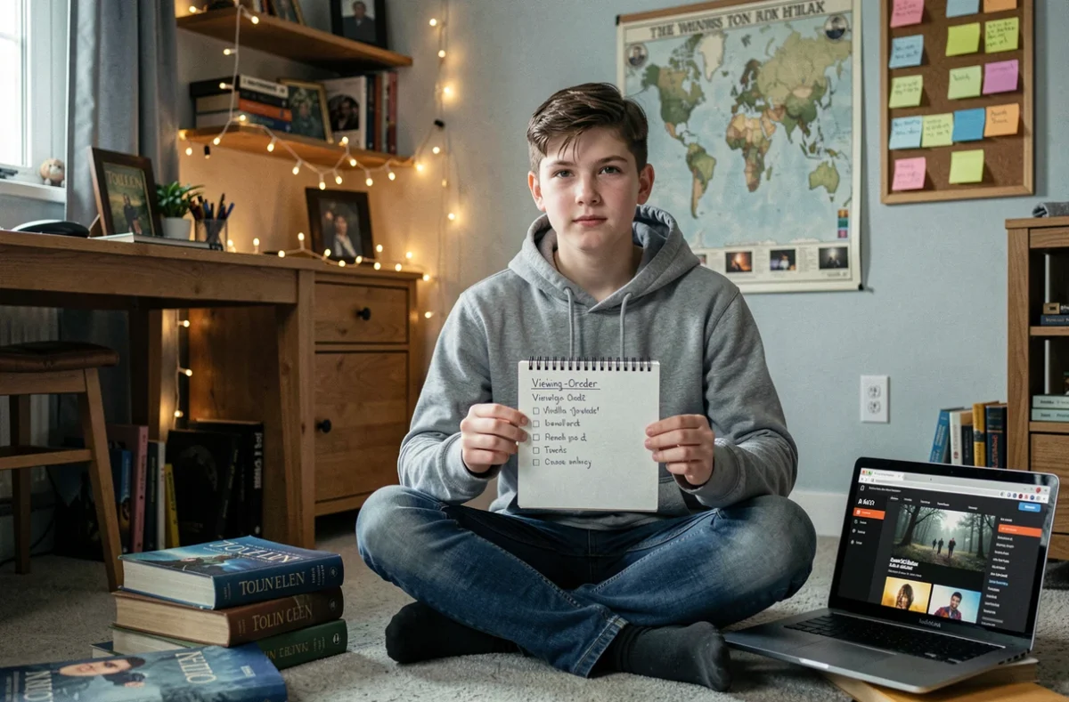 Adolescent préparant une liste de visionnage du Hobbit dans sa chambre entourée de livres Tolkien