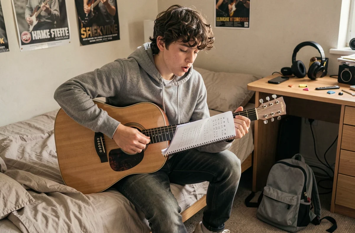 Adolescent apprenant seul la guitare acoustique avec un cahier de tablatures dans sa chambre