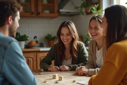 Groupe d'adultes jouant au 421 autour d'une table en bois avec des dés et une feuille de score