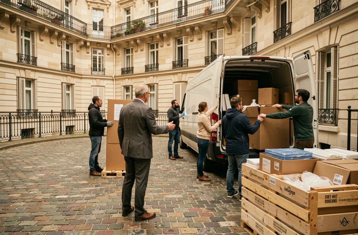 Coordinateur logistique AFL Events dirigeant la livraison de matériel événementiel dans une cour haussmannienne parisienne