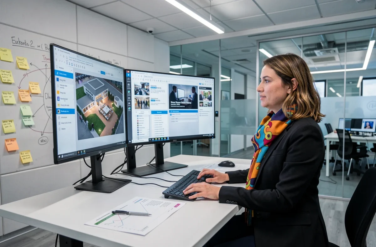 Stratège événementielle de l'Agence Innovevents travaillant sur des rendus 3D et planifications d'événements innovants