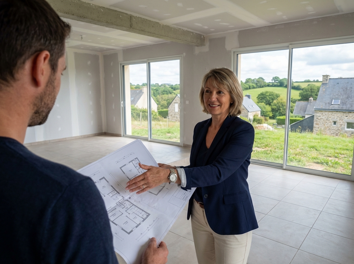 Agent immobilier guidant un client dans un appartement neuf