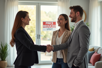 Agent immobilier souriant avec un couple dans un salon lumineux