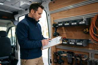 Ouvrier consultant une liste de contrôle dans un van de chantier parfaitement organisé avec rangements modulaires