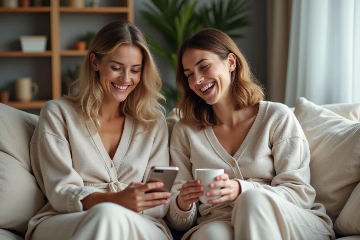 Deux amies riant ensemble en lisant une citation de bonne humeur sur un téléphone le matin