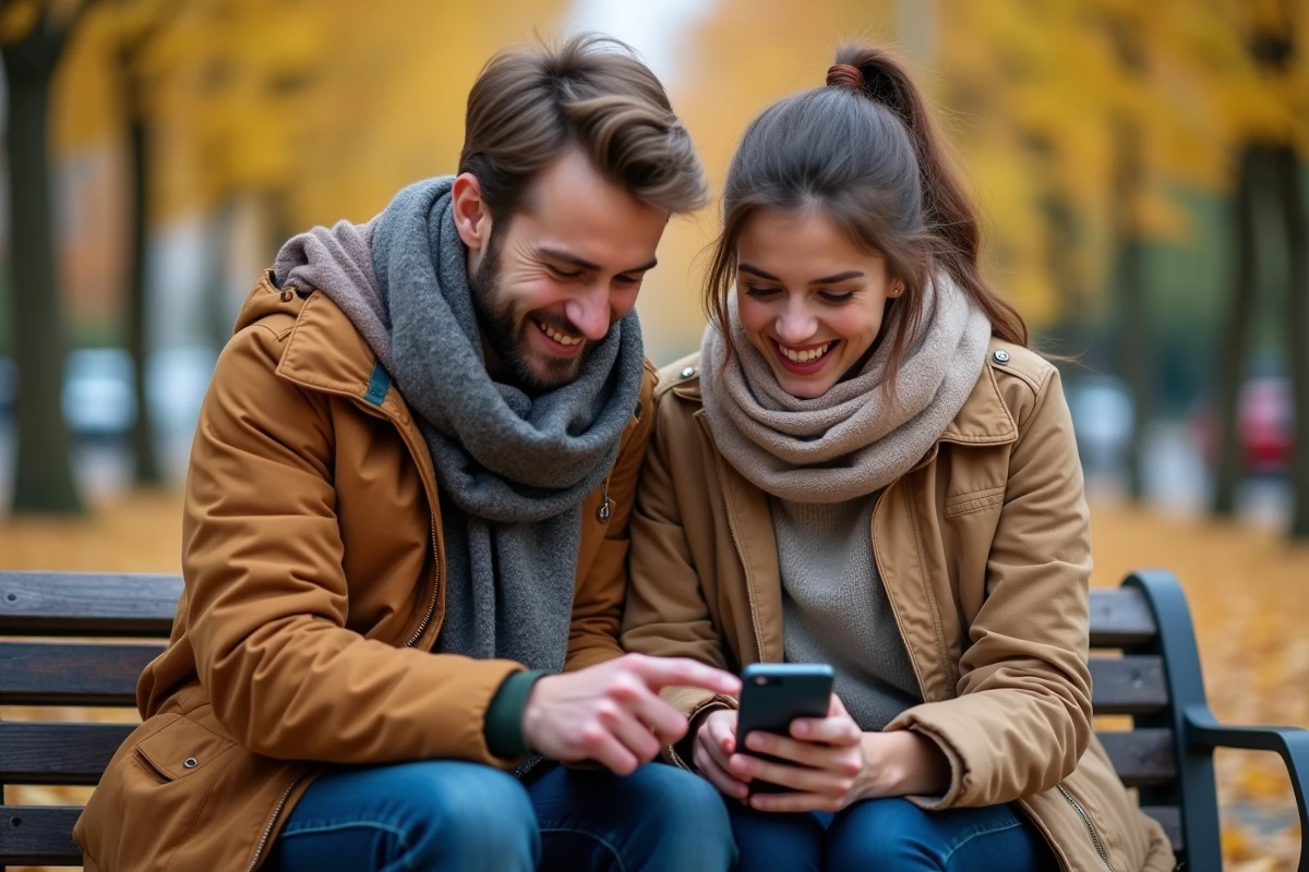 Deux amis cherchant ensemble la solution d'un jeu 4 Images 1 Mot sur smartphone dans un parc en automne