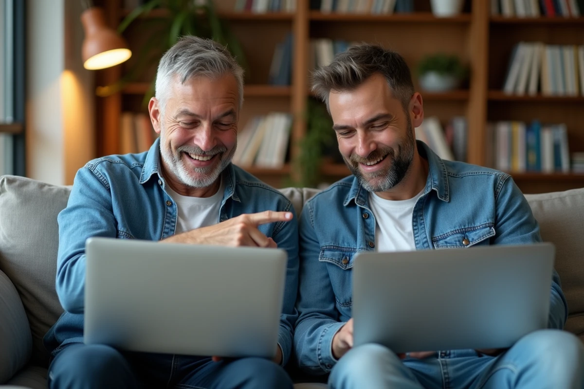 Deux amis sur un canapé partageant leurs écrans d'ordinateur pour découvrir ensemble la belote en ligne gratuite Cliqojeux