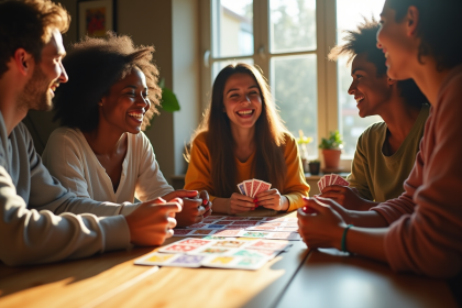 Amis de différentes cultures jouant aux cartes dans une ambiance chaleureuse