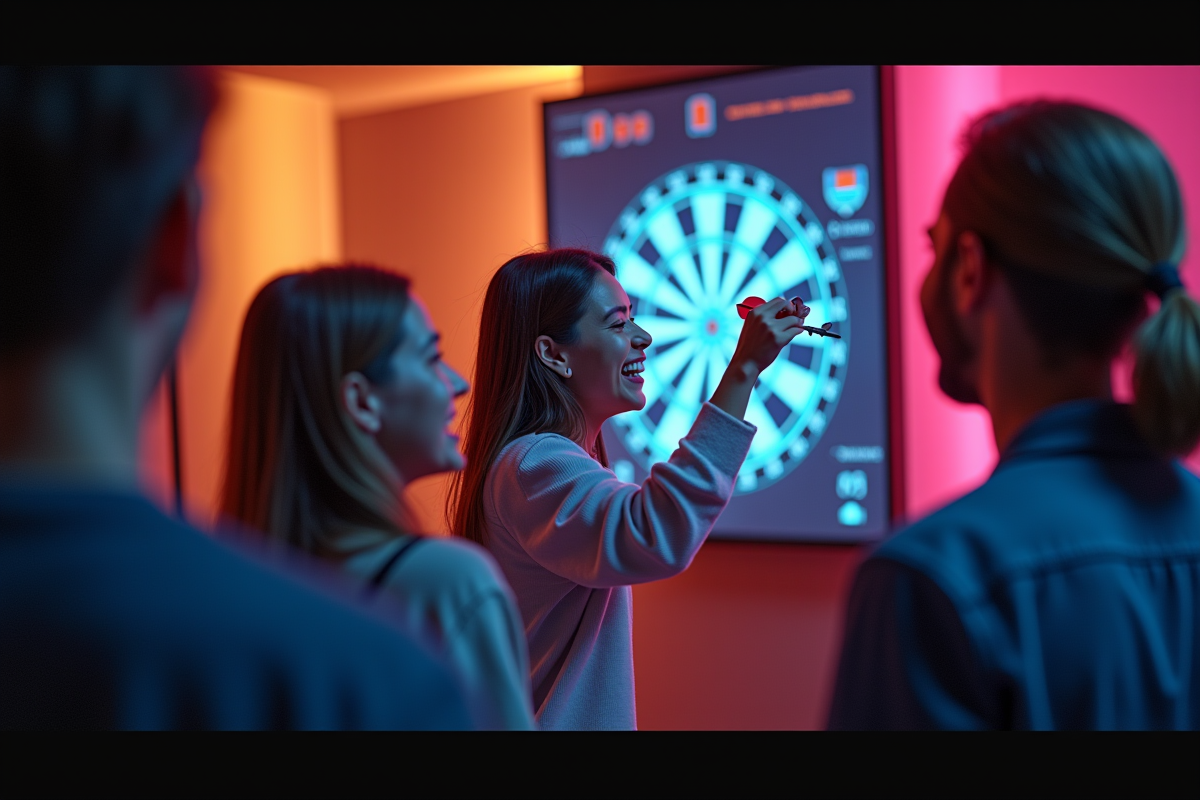 Groupe d amis jouant avec un dartboard connecté dans une salle colorée