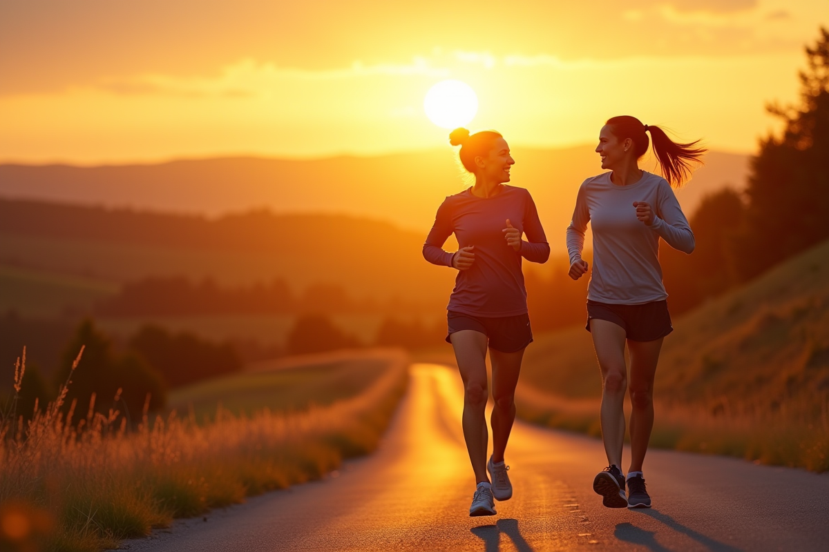 Deux amis en tenue de sport marchant sur une route de campagne au coucher du soleil