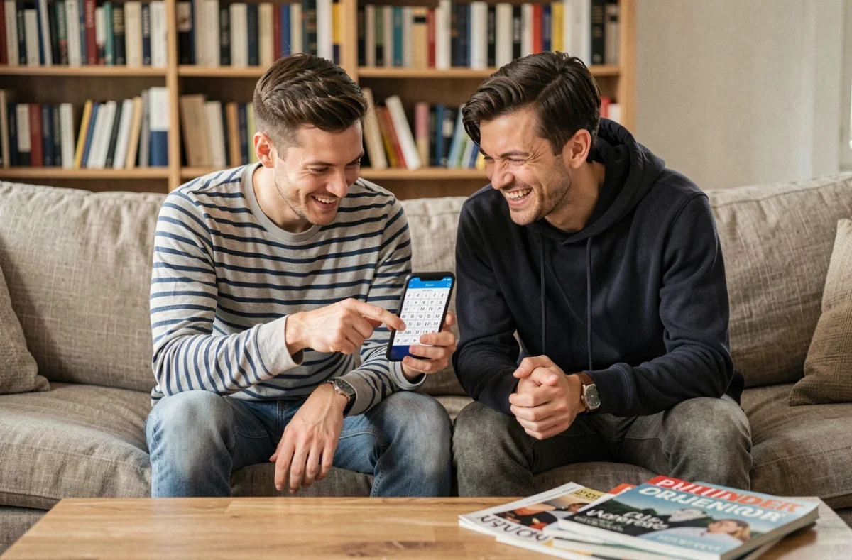 Deux amis partageant une partie de Sutom sur un smartphone dans un salon, illustrant le phénomène social et addictif des jeux de lettres en ligne