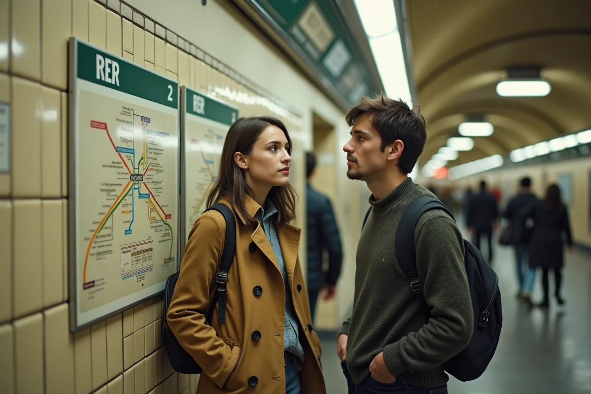 Deux amis perdus dans le métro parisien consultant le plan des lignes, erreurs à éviter lors des premières sorties à Paris