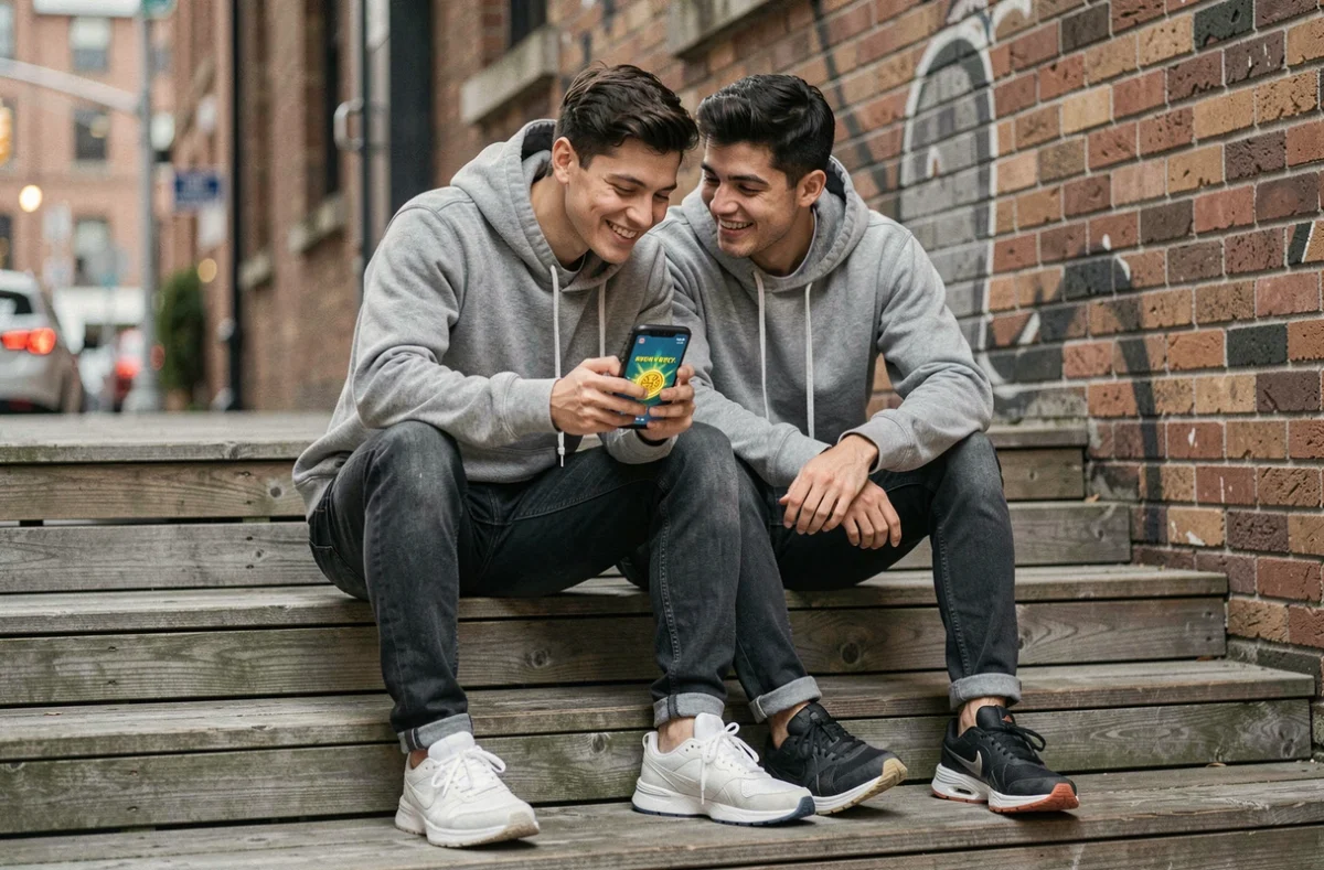 Deux amis regardant ensemble des spins gratuits Coin Master sur un smartphone en extérieur