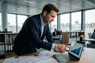 Analyste financier examinant des graphiques de rendement immobilier SCPI sur un écran d'ordinateur dans un bureau moderne