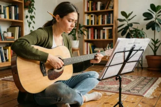 Jeune femme apprenant la guitare seule avec une tablature posée sur un pupitre dans un salon chaleureux