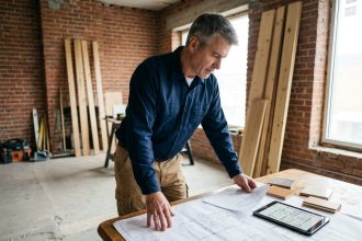 Artisan entrepreneur examinant des plans de rénovation sur une table de chantier avec des échantillons de matériaux