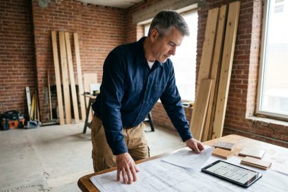 Artisan entrepreneur examinant des plans de rénovation sur une table de chantier avec des échantillons de matériaux