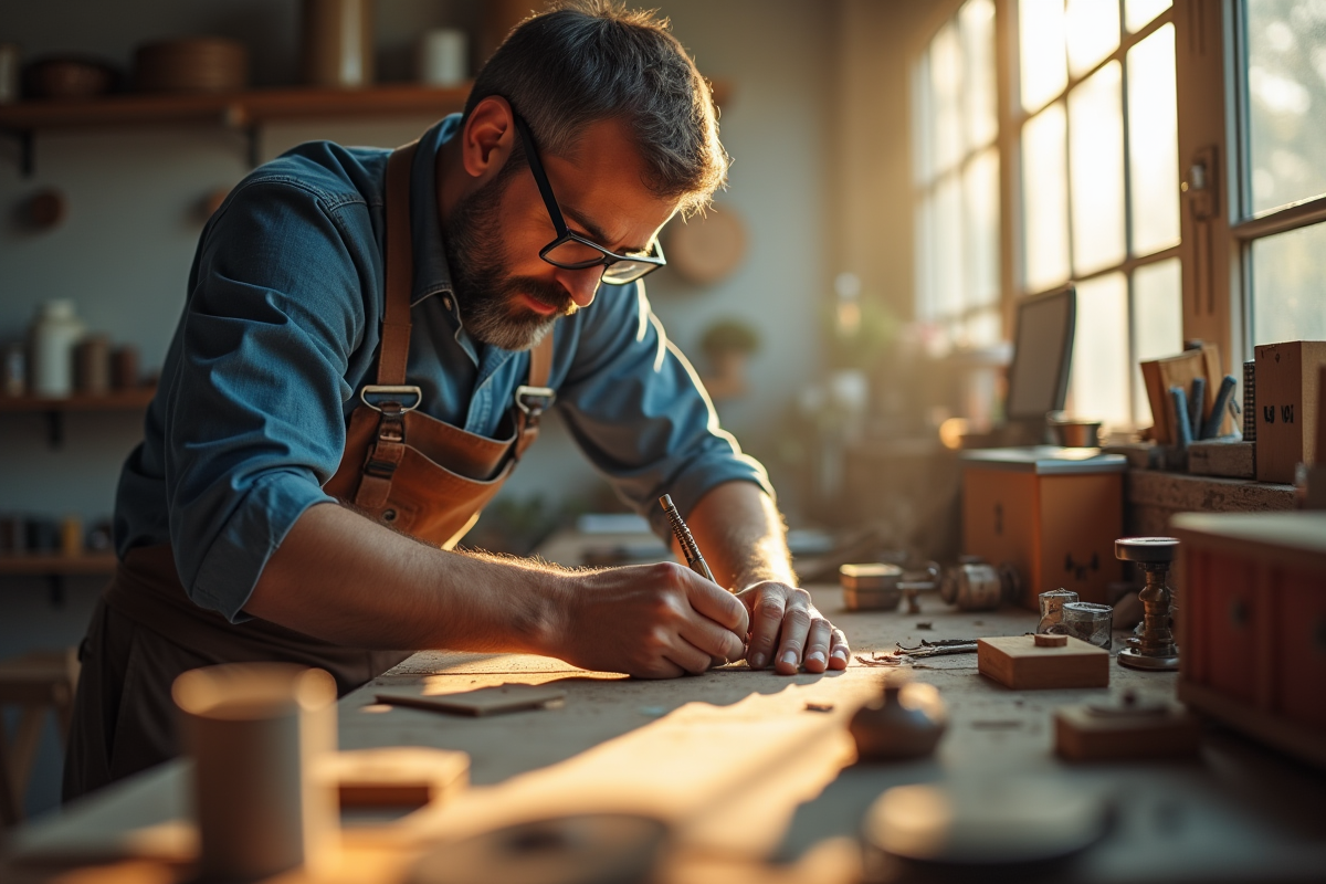 Artisan concentré travaillant avec précision sur un projet détaillé le matin