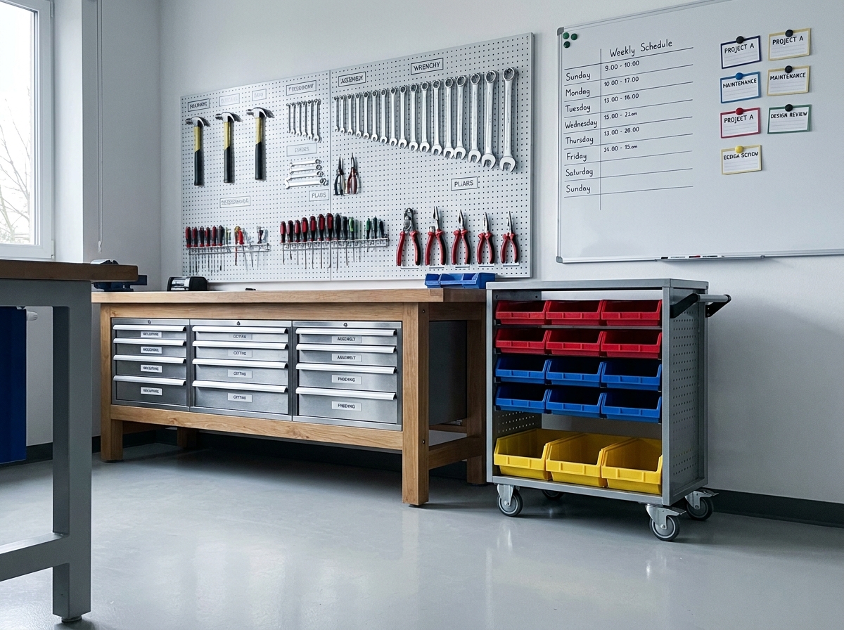 Atelier de chantier vide et organisé avec rangement mural, établi modulaire et planning de travaux affiché