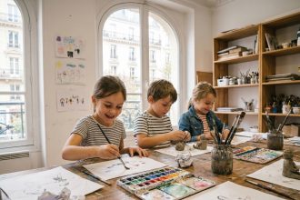 Enfants concentrés sur des activités artistiques créatives dans un atelier parisien coloré