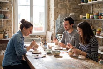 Groupe de jeunes adultes peignant de la poterie à Lyon