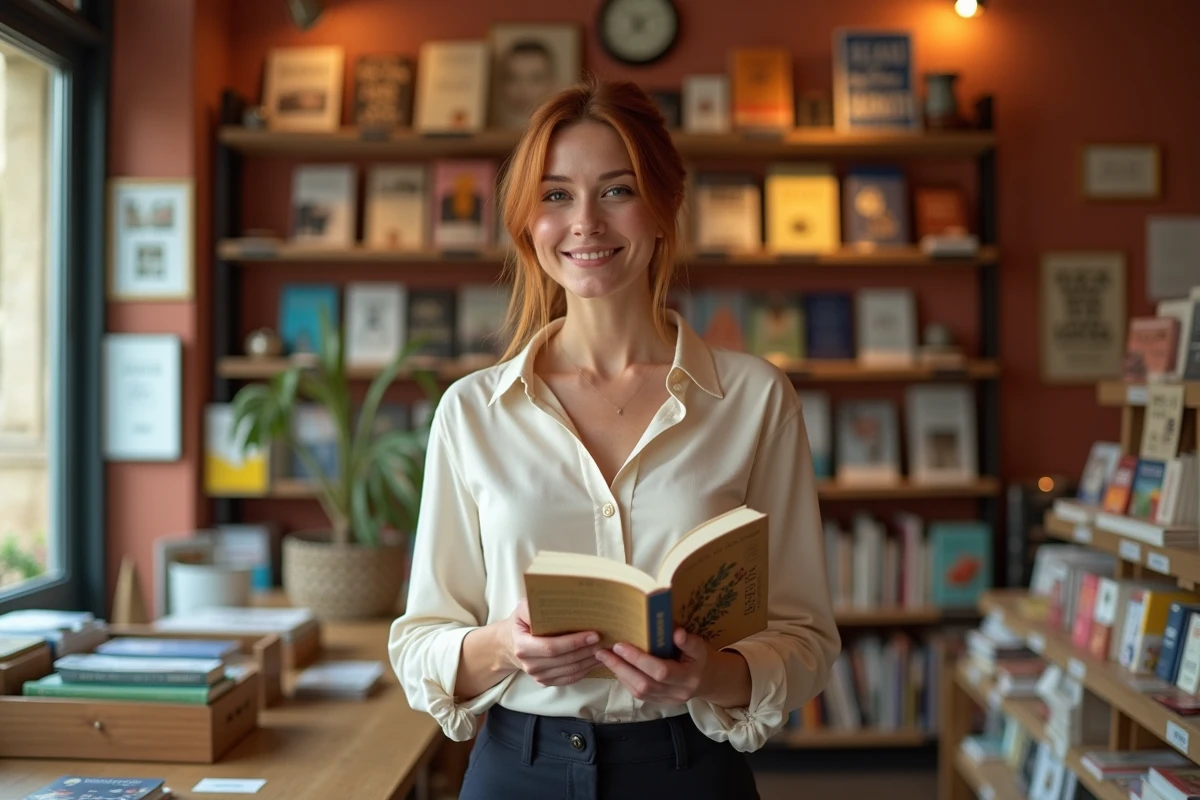 Auteure tenant son livre publié avec fierté dans une librairie indépendante française aux murs terracotta et étagères en bois