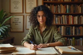 Auteure en train de relire son manuscrit à son bureau couvert de pages manuscrites et de stylos dans un bureau à domicile chaleureux