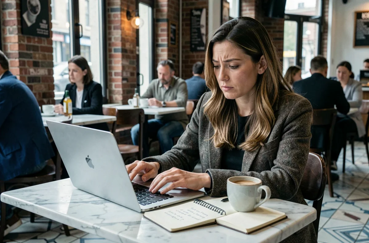 Femme lisant des avis en ligne sur les voyants depuis son ordinateur portable dans un café, expression dubitative et réfléchie