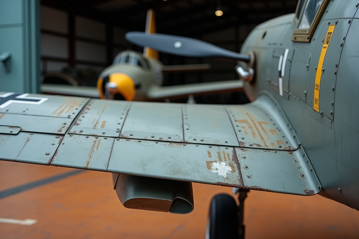 Détail de l'aile et du canon MG 151 du Bf 109 G exposé dans un musée aéronautique, avec panneaux d'accès aux munitions et rivets visibles