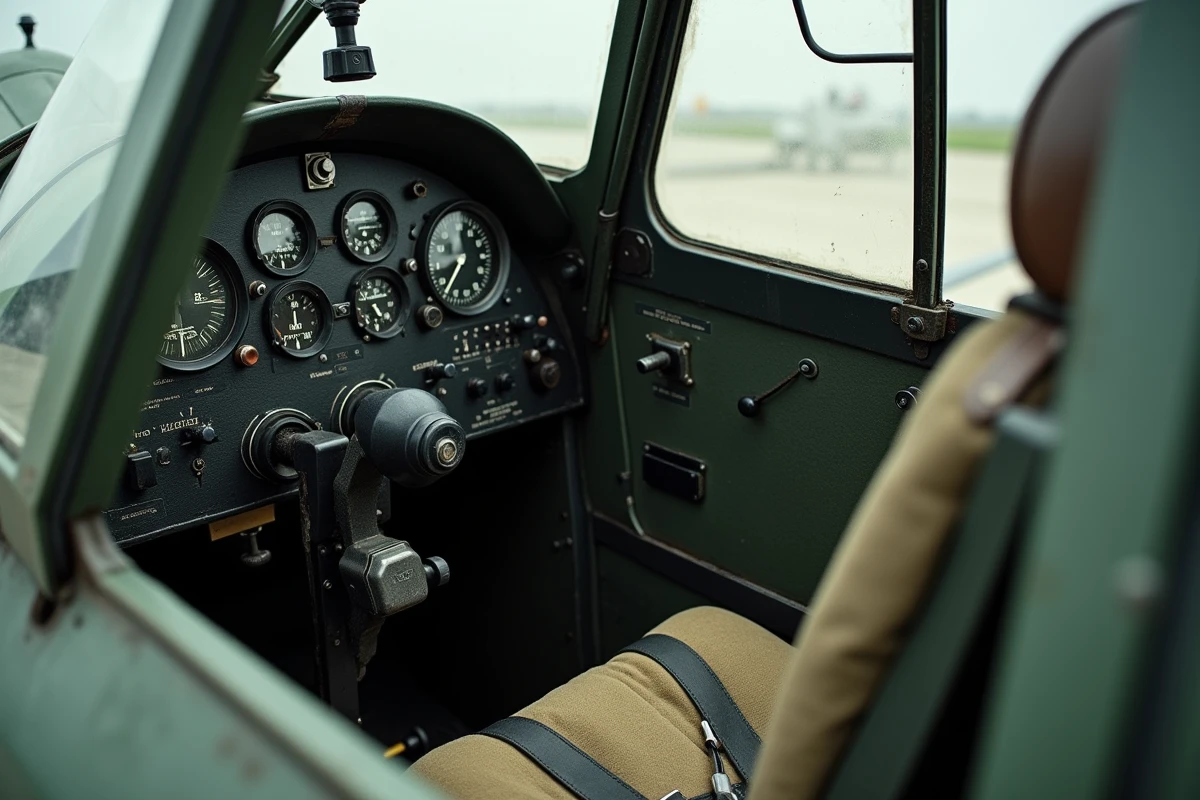Intérieur du cockpit du Bf 109 G avec tableau de bord, instruments analogiques, manche à balai et harnais de siège en cuir patiné