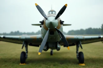 Messerschmitt Bf 109 G restauré vu de face en trois quarts bas sur un terrain herbeux, montrant le capot moteur, l'hélice et la peinture camouflage Luftwaffe