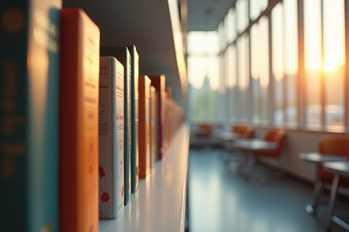 Bibliotheque moderne avec rayons de livres colorés sous la lumière du soleil