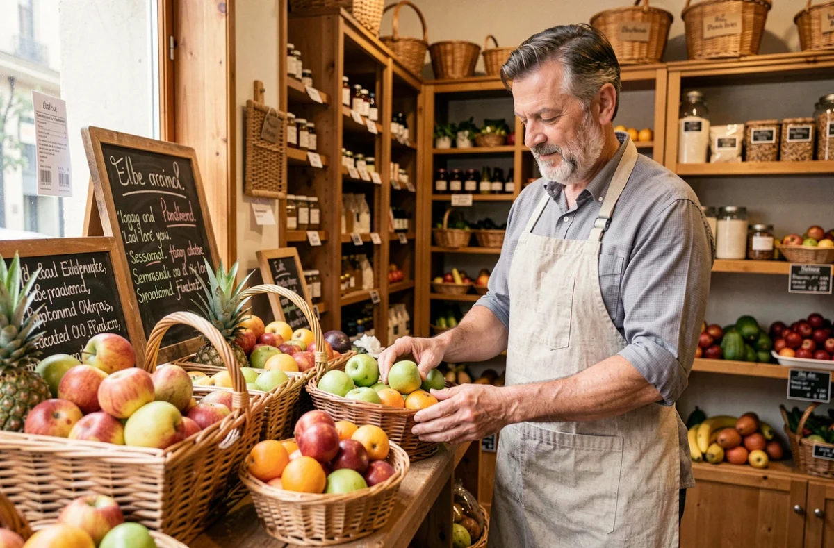 Commerçant arrangeant des fruits bio dans la boutique Biocoop Elbeuf - Les Robins des Bio, ambiance chaleureuse et artisanale