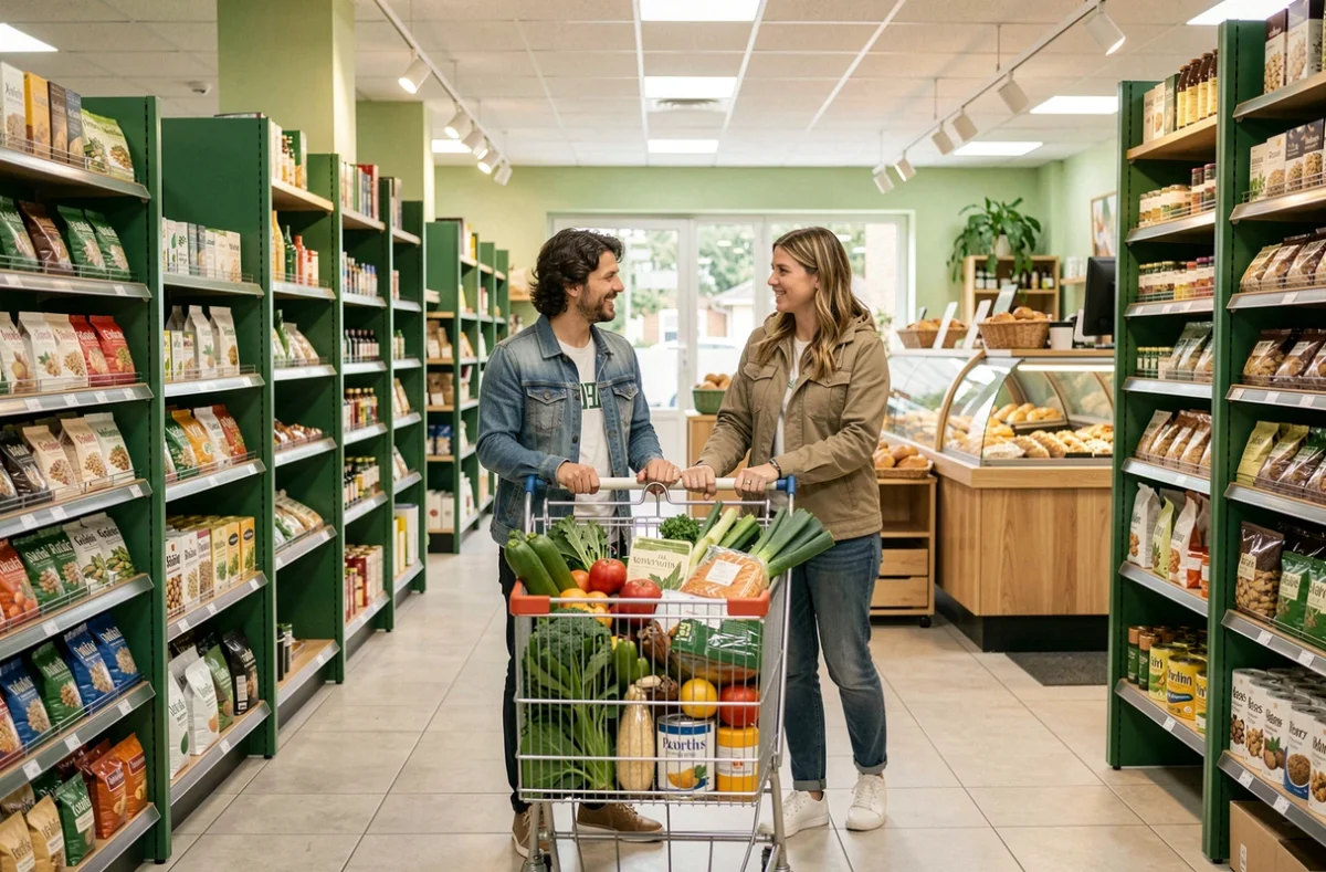 Deux clientes faisant leurs courses ensemble dans la Biocoop de Grand-Quevilly, caddie rempli de produits biologiques frais