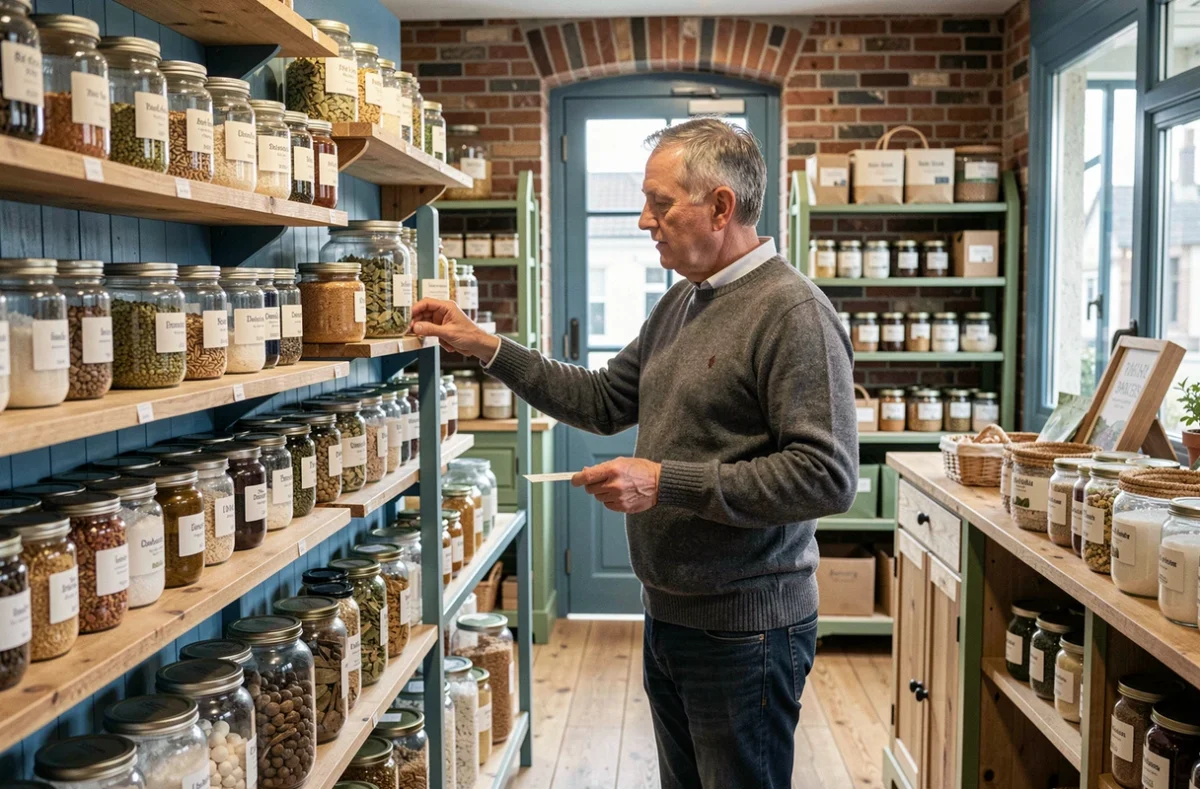 Client parcourant les rayons d'épicerie sèche et de produits de la mer bio à la Biocoop La Manne de Dieppe