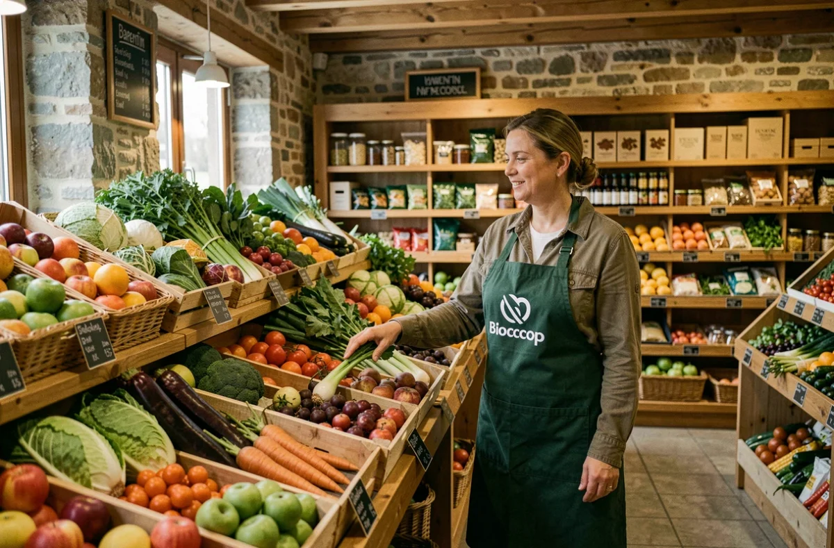 Employée aidant une cliente dans le rayon fruits et légumes de la Biocoop de la Varenne à Barentin