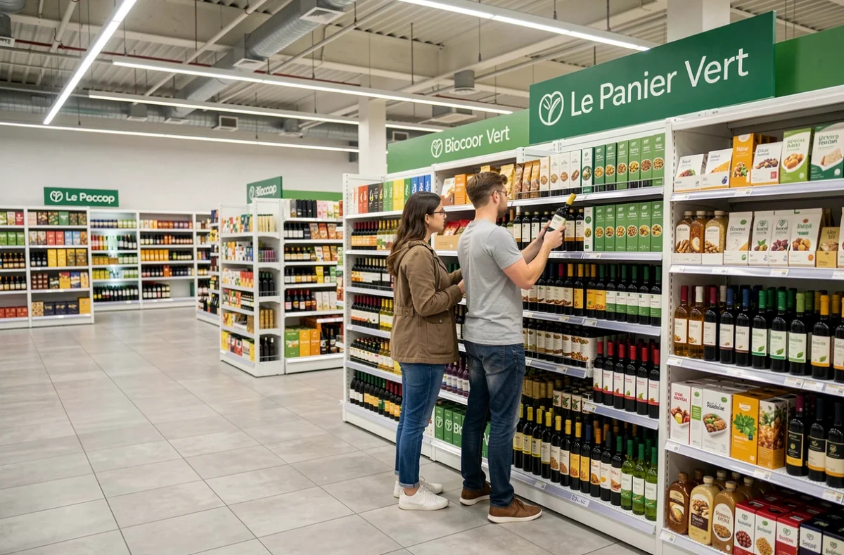 Couple choisissant des vins biologiques au rayon boissons du Biocoop Le Havre - Le Panier Vert