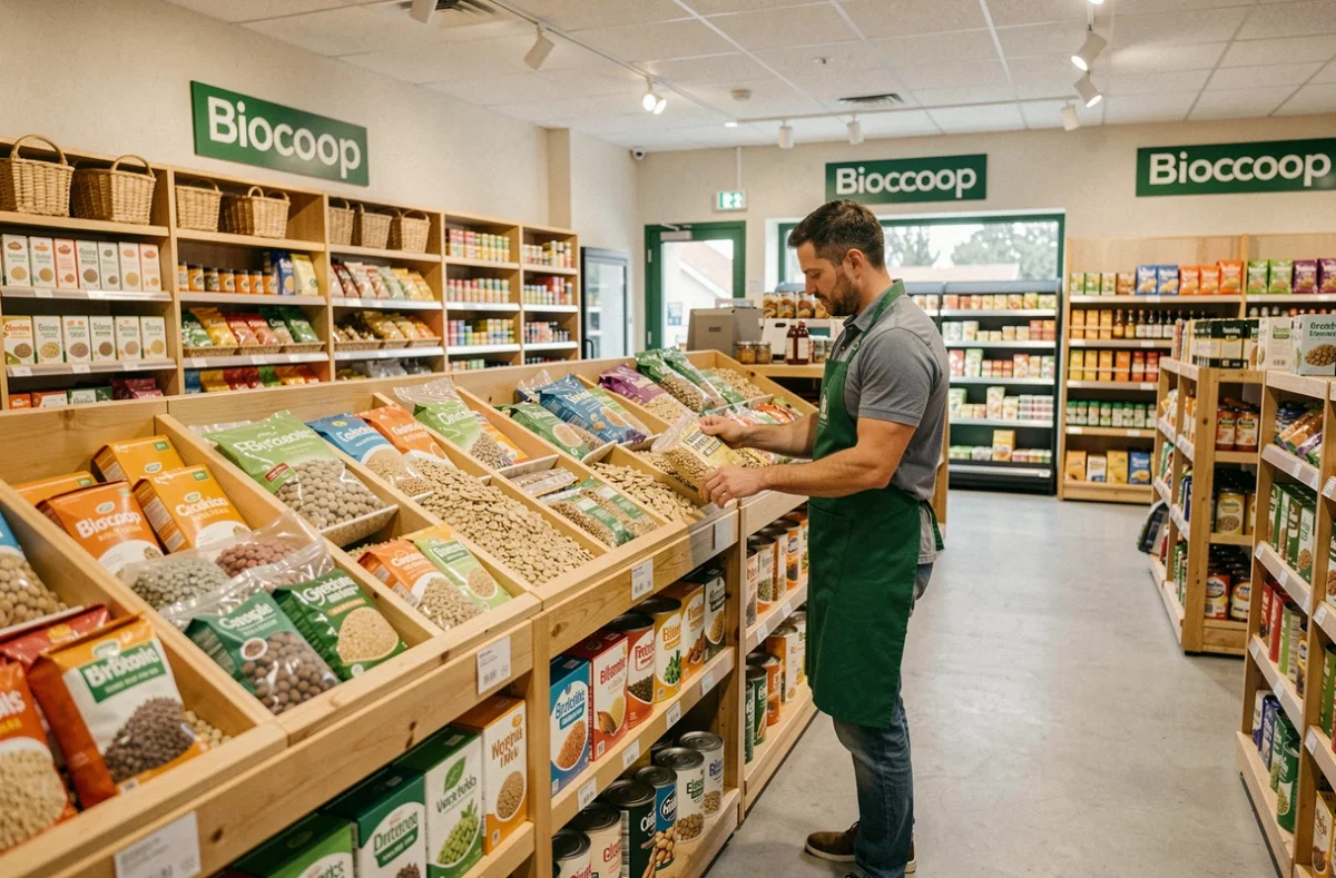Intérieur du magasin Biocoop Planète Bio à Bois-Guillaume avec un employé réapprovisionnant les rayons de produits biologiques en vrac
