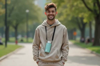 Jeune homme tenant une bouteille Air Up édition Inoxtag en plein air dans un cadre urbain