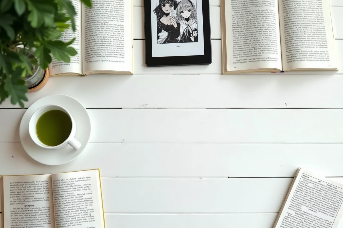 Vue aérienne d'un bureau avec des volumes manga ouverts, une tablette affichant un scan et des notes manuscrites