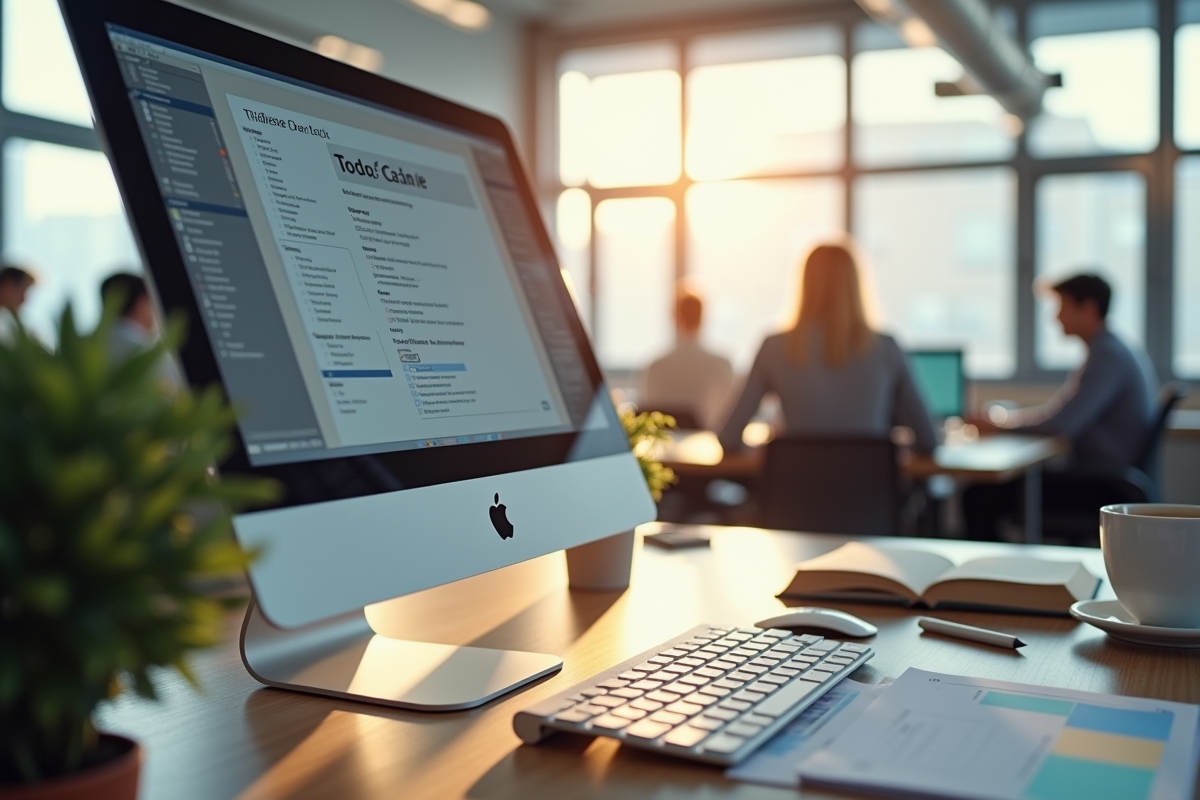 Bureau organisé avec ordinateur et café en journée
