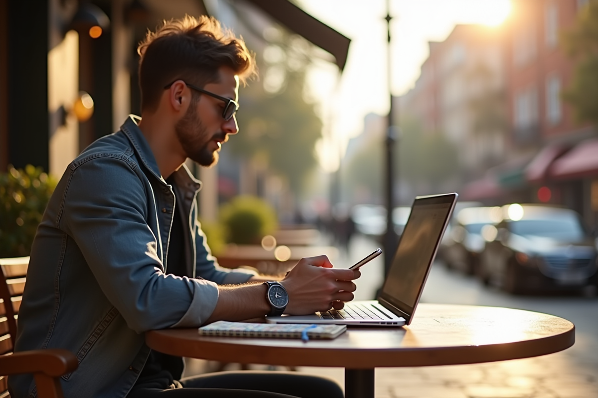 Nomade digital travaillant en extérieur dans un café en ville