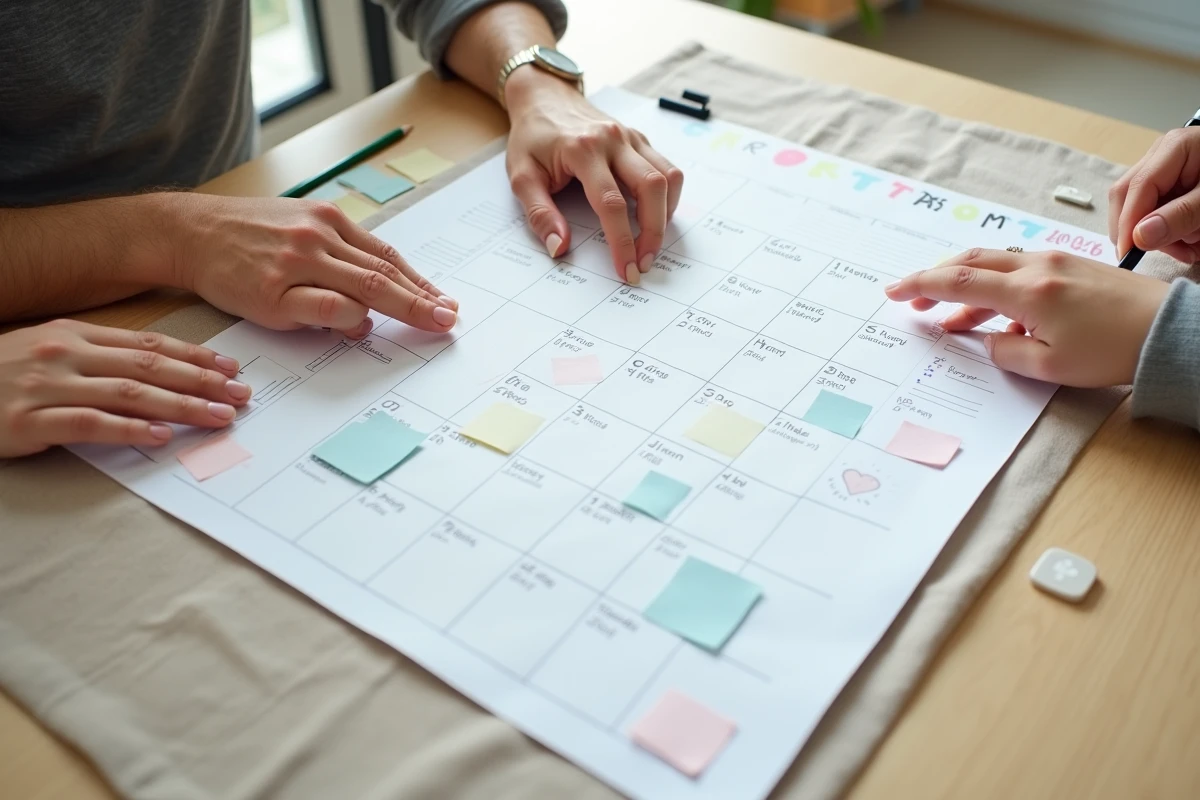 Vue aérienne d'un calendrier 2026 annoté avec semaines alternées colorées pour organiser une garde alternée entre deux parents