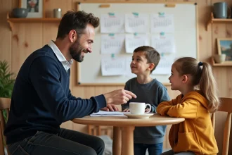 Père et deux enfants consultant un calendrier mural pour organiser les semaines de garde alternée en 2025 et 2026