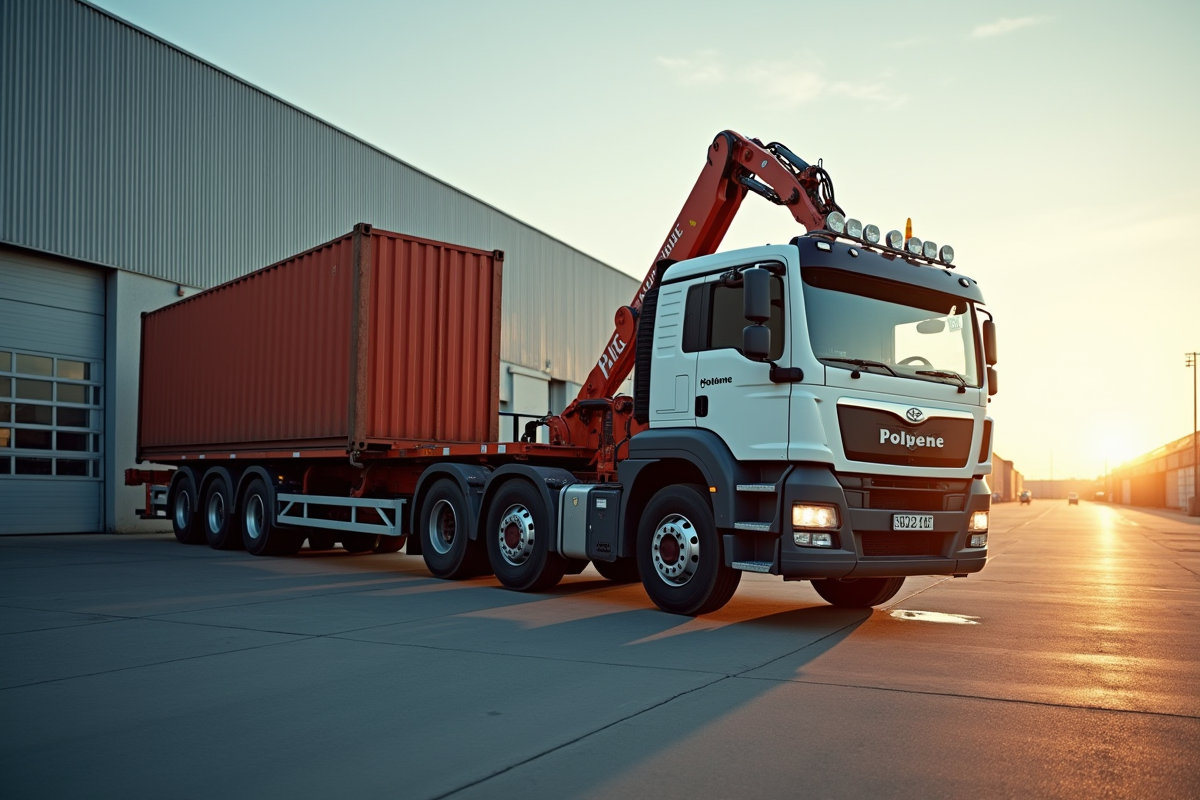 Camion benne soulevant un grand conteneur au matin