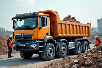 Camion benne moderne avec systeme multiskip sur site de construction