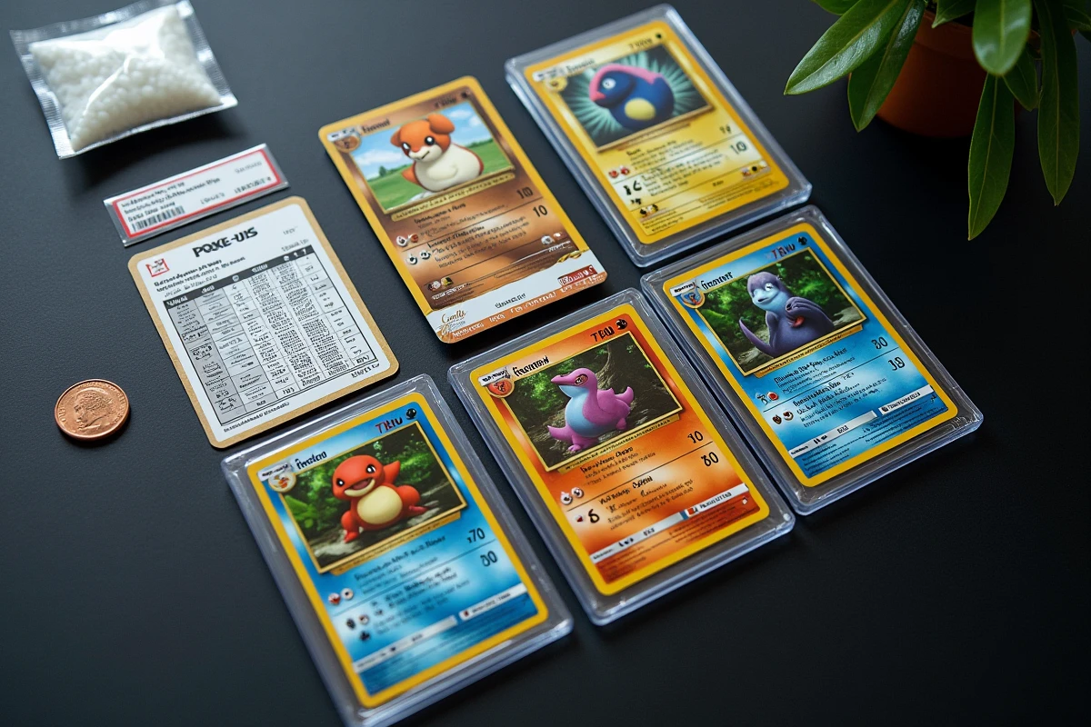 Cartes Pokémon rares classées dans des protège-cartes rigides top-loader sur fond sombre en vue de dessus