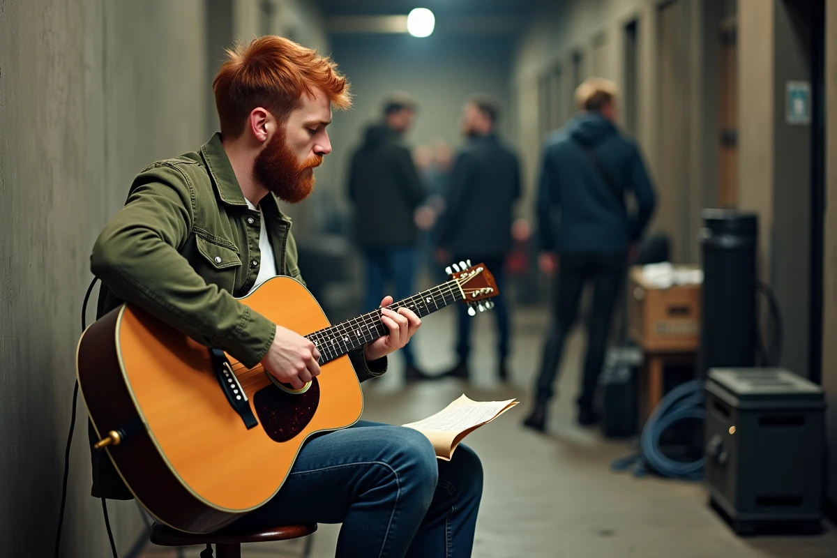 Chanteur roux aux cheveux naturels révisant ses paroles en coulisses avant un concert avec son groupe