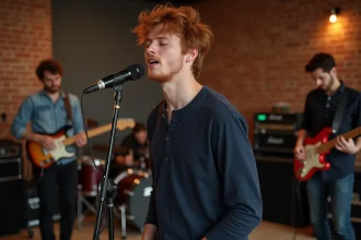 Chanteur roux au micro lors d'une répétition avec son groupe dans un studio aux murs en briques