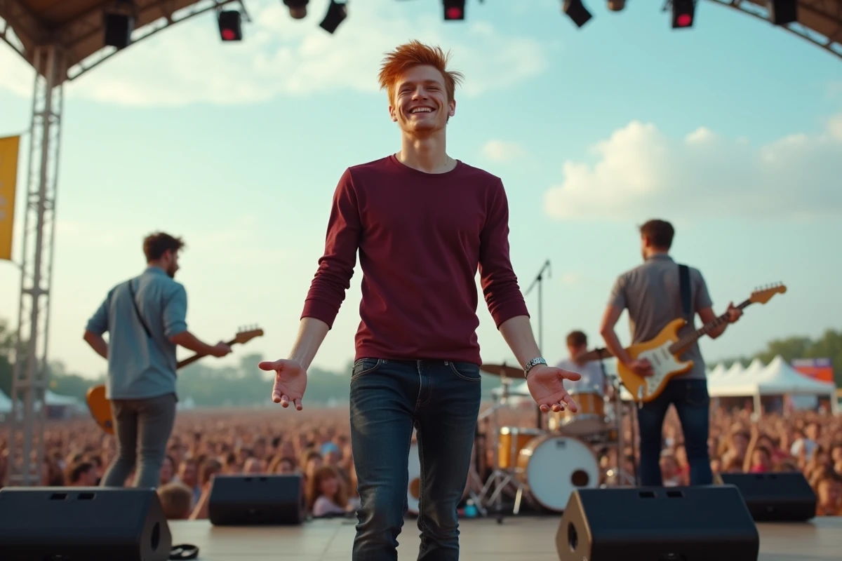 Chanteur roux se démarquant sur scène lors d'un festival en plein air face au public avec son groupe